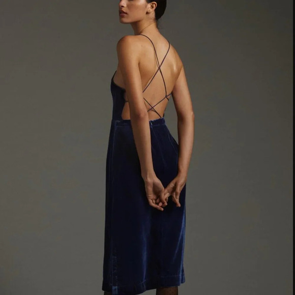 New Anthropologie Sapphire Winter Blue Strappy Velvet Slip Dress Size 14 - Picture 2 of 14